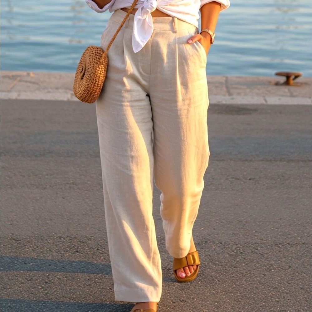 Lands End Linen Wide Leg Pants High Rise Beige Relaxed Summer 12P